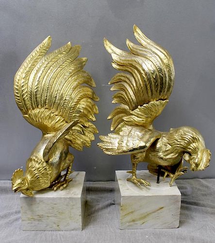 G.Cox Signed Pair Of Gilt Metal Roosters On Marble