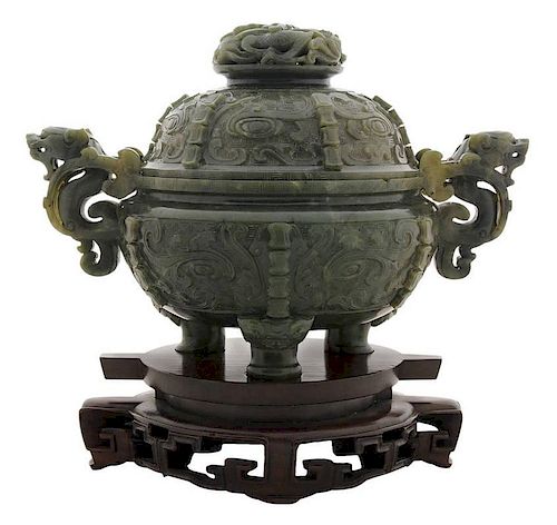 Fine Carved Spinach Jade Archaistic