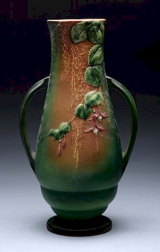 Green Roseville Double Handled Pottery Vase.