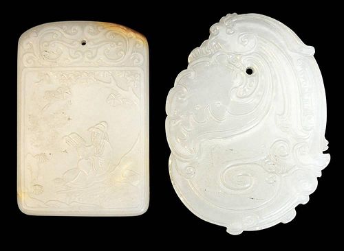 Two Fine Carved White Jade Plaques