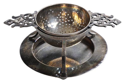 Chinese Silver Tea Strainer and Stand
