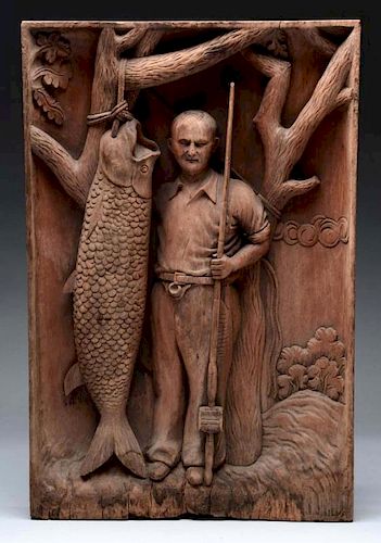 Handcarved Wooden Man with Fish.