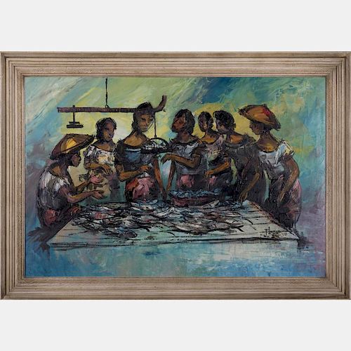 Franco Azzinari (b. 1949) Fish Market, Oil on canvas,