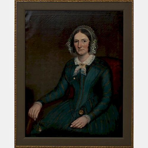 Attributed to Ammi Phillips (1788-1865) Portrait of a Lady Holding a Rose, Oil on canvas,