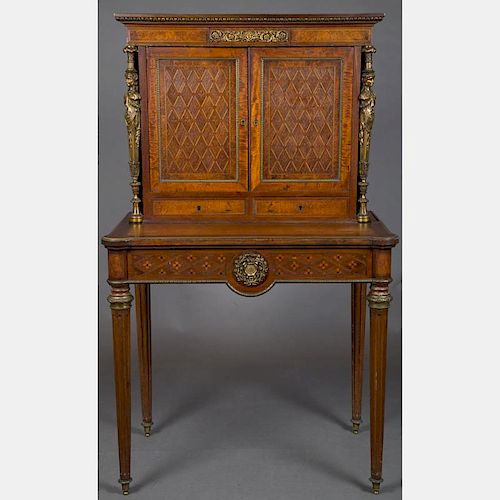 A Louis XVI Style Walnut and Fruitwood Marquetry Bonheur du Jour, 20th Century.