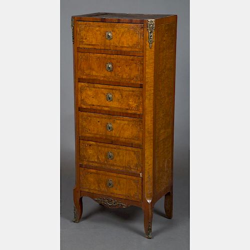A Louis XVI Style Kingwood and Fruitwood Marquetry Six Drawer Tall Chest, 20th Century.
