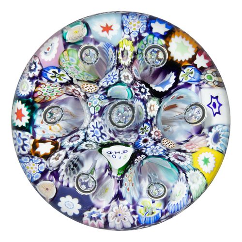JOHN DEACONS (SCOTTISH, B. 1950) CLOSE-PACK AND CONTROLLED BUBBLE MILLEFIORI PAPERWEIGHT,