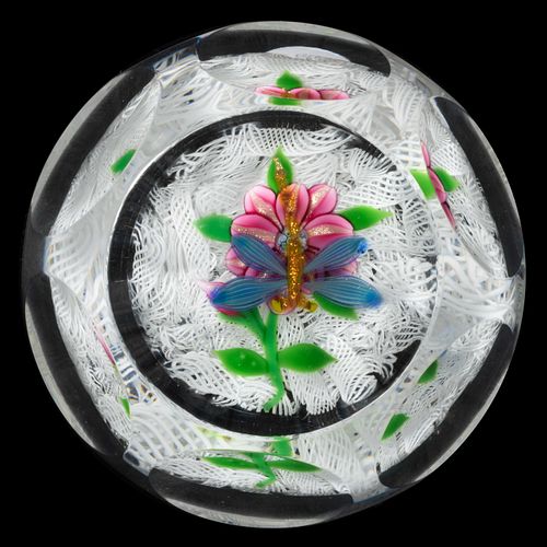 JOHN DEACONS (SCOTTISH, B. 1950) DRAGONFLY AND FLORAL LAMPWORK PAPERWEIGHT,