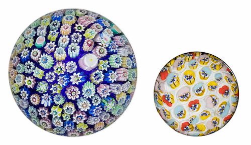 JOHN DEACONS (SCOTTISH, B. 1950) CLOSE-PACK MILLEFIORI PAPERWEIGHTS, LOT OF TWO,