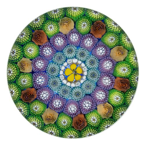 UNIQUE MIKE HUNTER (SCOTTISH, B. 1958) PANSY CONCENTRIC MILLEFIORI PAPERWEIGHT,