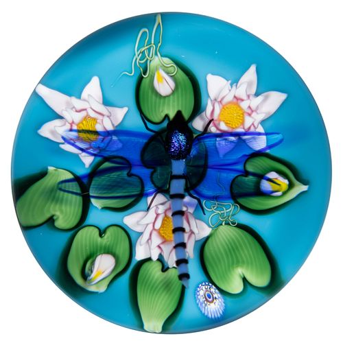 RICHARD LOESEL (FRENCH, B. 1963) DRAGONFLY AND LOTUS FLOWERS LAMPWORK PAPERWEIGHT,