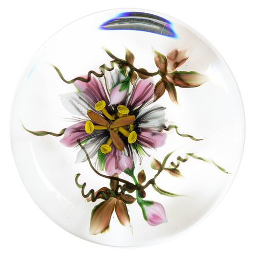 UNIQUE RICK AYOTTE ARTIST PROOF (AMERICAN, B. 1944) PASSION FLOWER LAMPWORK MAGNUM PAPERWEIGHT,