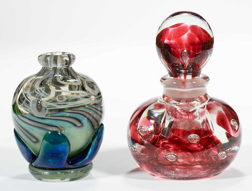ASSORTED CONTEMPORARY GLASS PAPERWEIGHT BOTTLES, LOT OF TWO,