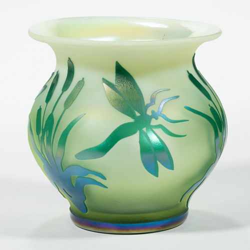 GIBSON DRAGONFLIES AND CATTAILS CAMEO ART GLASS VASE,