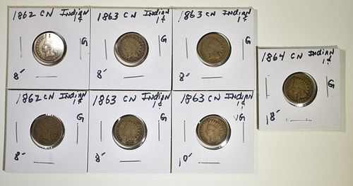 (2) 1862, (4) 63 &(1) 64 INDIAN HEAD CENTS CIRC