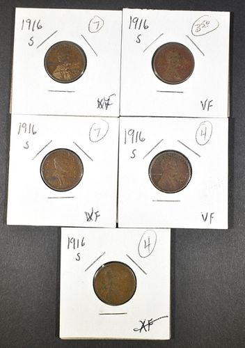(5) 1916-S LINCOLN WHEAT CENTS CIRC
