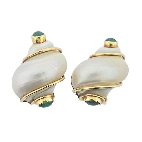 Seaman Schepps Vintage 14k Gold Turbo Shell Emerald Earrings