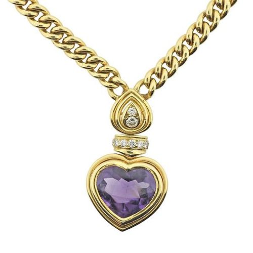 18k Gold Diamond Amethyst Heart Pendant Necklace 