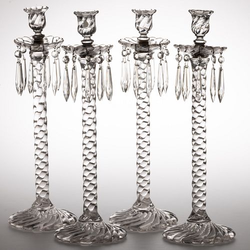 BACCARAT ATTRIBUTED SWIRLED ART GLASS TALL CANDLESTICKS, LOT OF FOUR,