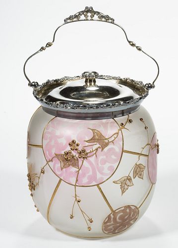 MT. WASHINGTON ROYAL FLEMISH ENAMEL-DECORATED ART GLASS BISCUIT / CRACKER JAR,