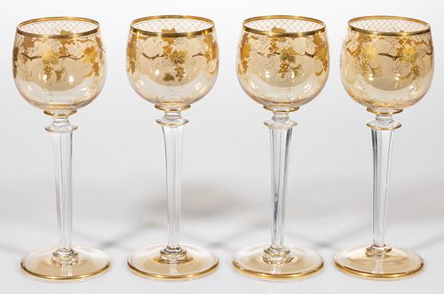 BOHEMIAN GILT-DECORATED WINE GLASSES, SET OF FOUR,
