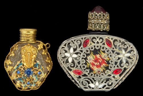 ASSORTED CAGED AND JEWELLED GLASS SCENT BOTTLES, LOT OF TWO, 