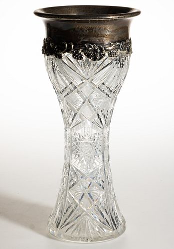 AMERICAN BRILLIANT CUT GLASS AND STERLING SILVER LARGE VASE,