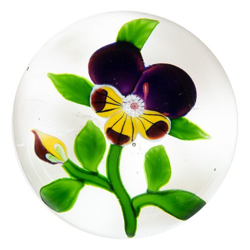 ANTIQUE BACCARAT PANSY LAMPWORK ART GLASS PAPERWEIGHT, 