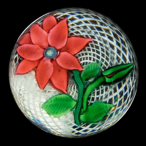 ANTIQUE NEW ENGLAND POINSETTIA LAMPWORK PAPERWEIGHT,