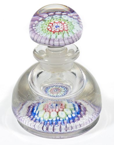 ANTIQUE ENGLISH CONCENTRIC MILLEFIORI PAPERWEIGHT INKWELL, 
