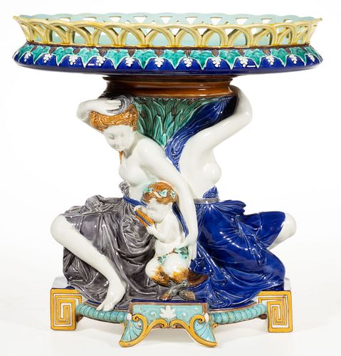 ENGLISH WEDGWOOD MAJOLICA HAND-PAINTED BOLTED CENTERPIECE / COMPOTE,