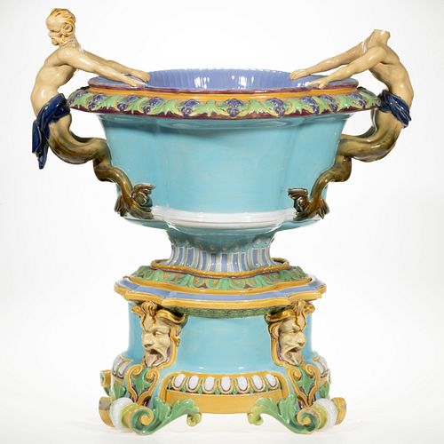 ENGLISH MAJOLICA HAND-PAINTED CERAMIC CISTERN / JARDINIERE AND STAND,