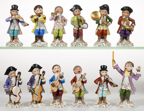 GERMAN PORCELAIN MEISSEN-STYLE HAND-PAINTED MONKEY BAND FIGURES, LOT OF 12, 
