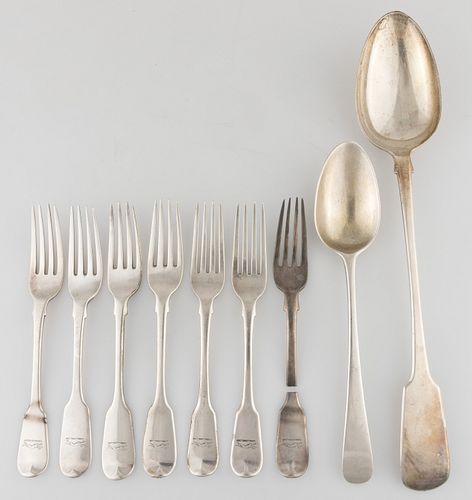 GEORGIAN AND OTHER ENGLISH STERLING SILVER FLATWARE, LOT OF NINE,