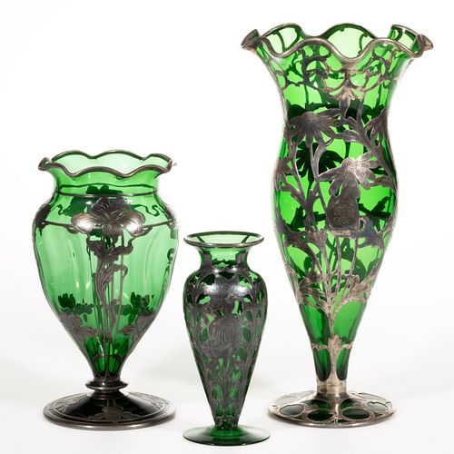 AMERICAN ART NOUVEAU SILVER-OVERLAY AND GLASS VASES, LOT OF THREE,