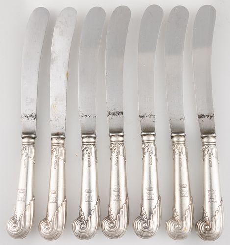 ENGLISH STERLING SILVER PISTOL-GRIP PLACE KNIVES, SET OF SEVEN,