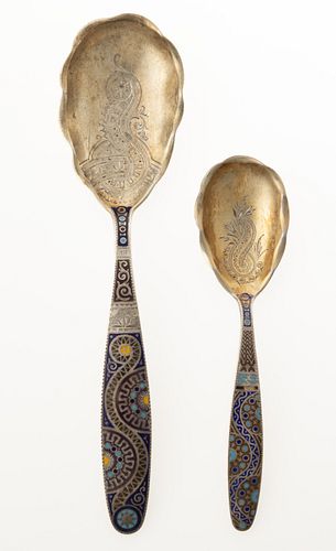 GORHAM "NO. 375" STERLING SILVER AND ENAMELED SPOONS, LOT OF TWO,