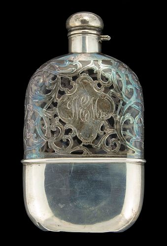 ALVIN STERLING SILVER AND GLASS POCKET FLASK,