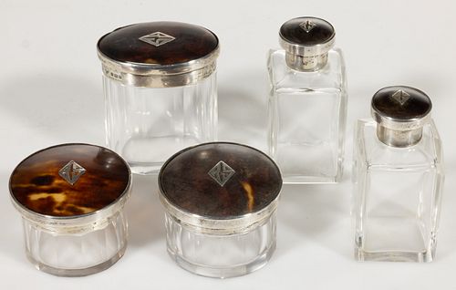 ENGLISH ART DECO STERLING SILVER, SHELL, AND GLASS FIVE-PIECE DRESSER BOX AND BOTTLE SET,