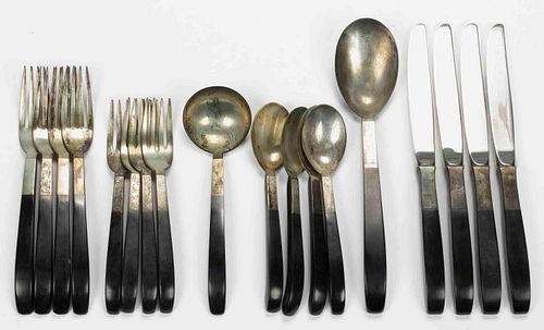 LUNT "CONTRAST" MID-CENTURY STERLING SILVER AND NYLON 18-PIECE FLATWARE SET, 