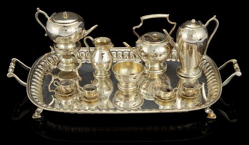 ASSEMBLED ENGLISH AND AMERICAN STERLING SILVER MINIATURE COFFEE AND TEA SERVICE, LOT OF 15, 