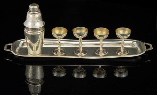 ENGLISH STERLING SILVER, AND POSSIBLY OTHER, MINIATURE SIX-PIECE COCKTAIL SET, 