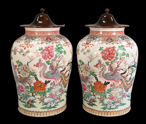 Pair of Palace Size Chinese Export Famille Rose Porcelain Jars