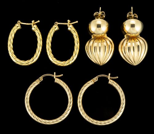 VINTAGE 14K AND 18K YELLOW GOLD EARRINGS, LOT OF THREE PAIRS,