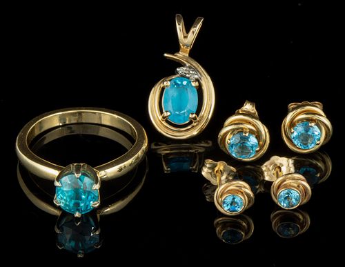 VINTAGE / CONTEMPORARY 14K YELLOW GOLD AND BLUE TOPAZ / SPINEL JEWELRY, LOT OF SIX,