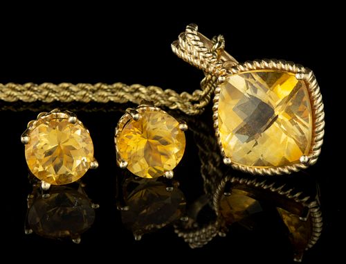 VINTAGE / CONTEMPORARY 14K YELLOW GOLD AND CITRINE JEWELRY, LOT OF THREE PIECES,