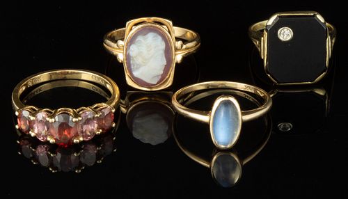 VINTAGE / CONTEMPORARY 10K AND 14K YELLOW GOLD AND STONE RINGS, LOT OF FOUR,