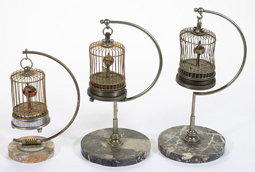 VINTAGE MECHANICAL BIRDCAGE CLOCKS ON STANDS, LOT OF THREE, 