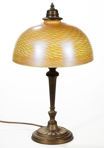 TIFFANY FURNACES DAMASCENE BRONZE AND IRIDESCENT ART GLASS TABLE LAMP, 