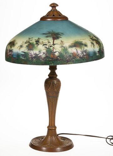AMERICAN REVERSE-PAINTED GLASS AND METAL ELECTRIC TABLE LAMP,